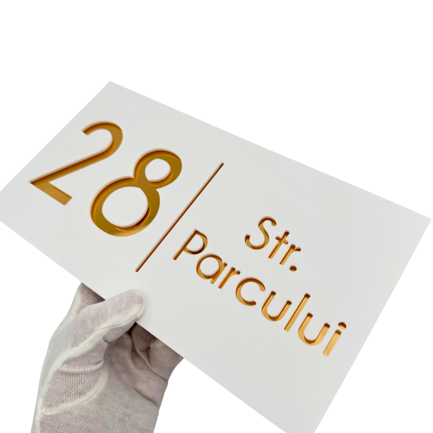 PREMIUM HOUSE NUMBER - White Satin Gold Mirror - 28×15 cm