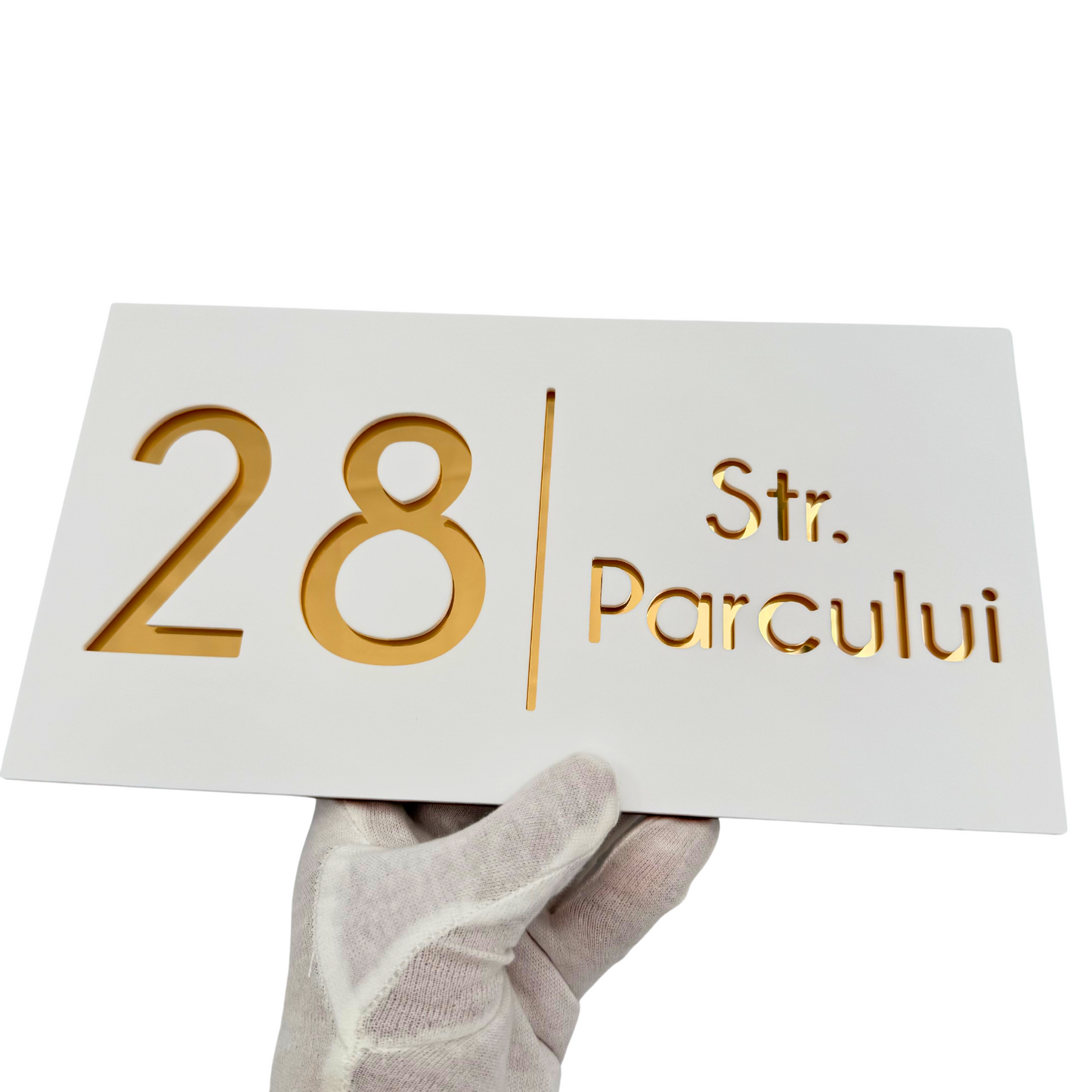 PREMIUM HOUSE NUMBER - White Satin Gold Mirror - 28×15 cm