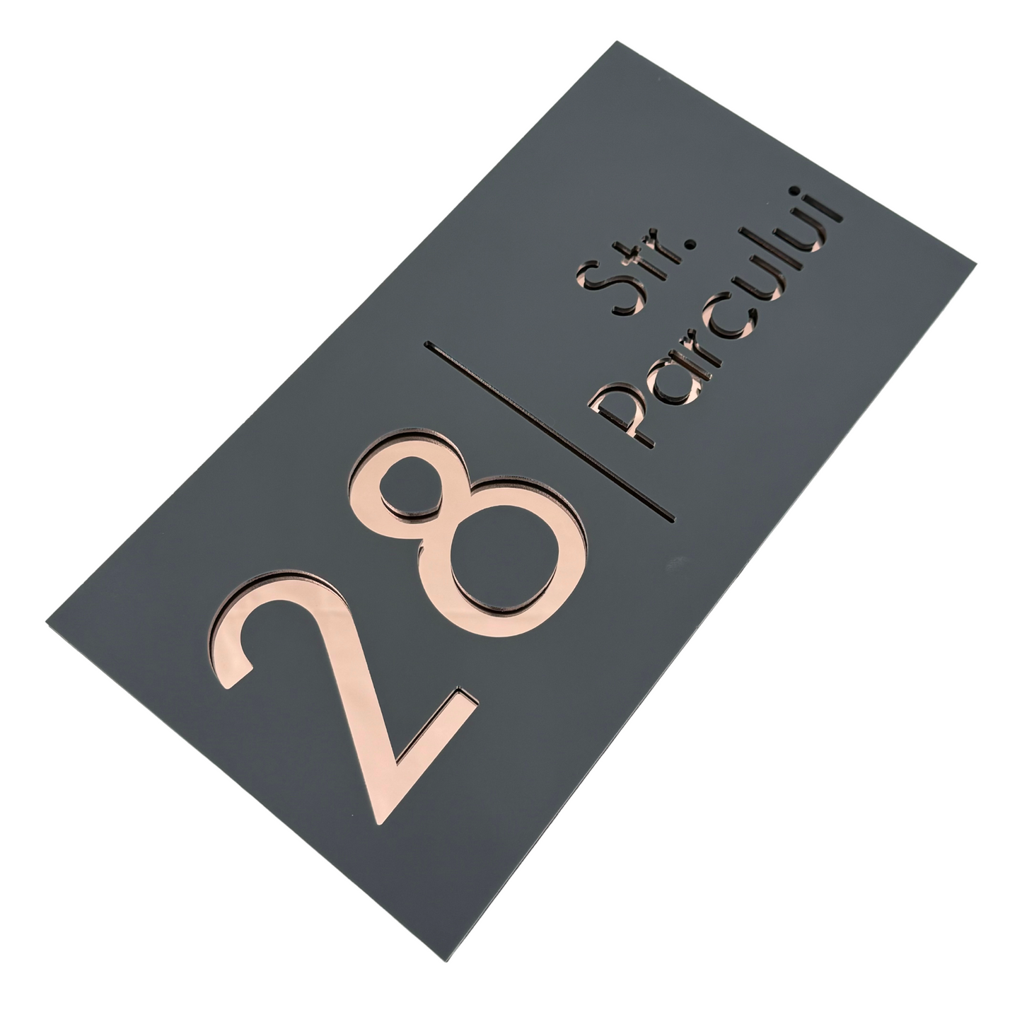 PREMIUM HOUSE NUMBER - Satin Grey Rose Gold Mirror - 28×15 cm