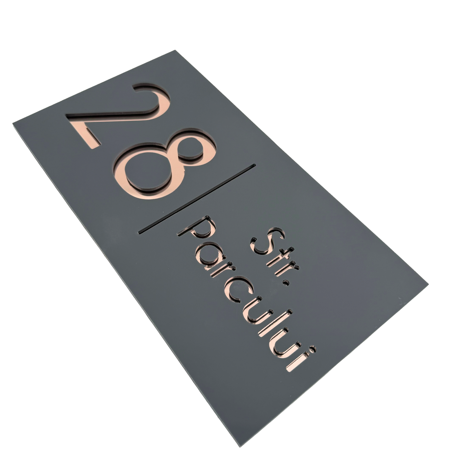 PREMIUM HOUSE NUMBER - Satin Grey Rose Gold Mirror - 28×15 cm