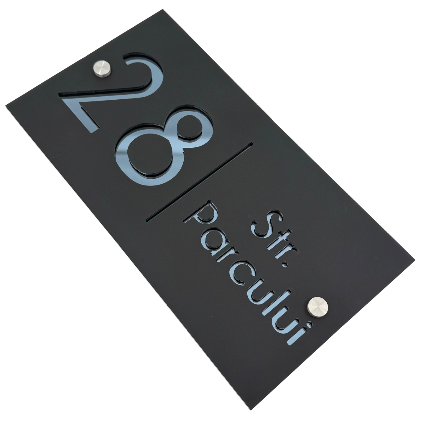PREMIUM HOUSE NUMBER - Satin Black Anthracite Grey Mirror 2 Spacers Silver - 28×15 cm