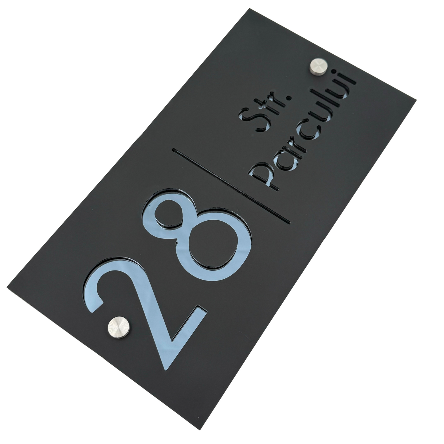 PREMIUM HOUSE NUMBER - Satin Black Anthracite Grey Mirror 2 Spacers Silver - 28×15 cm