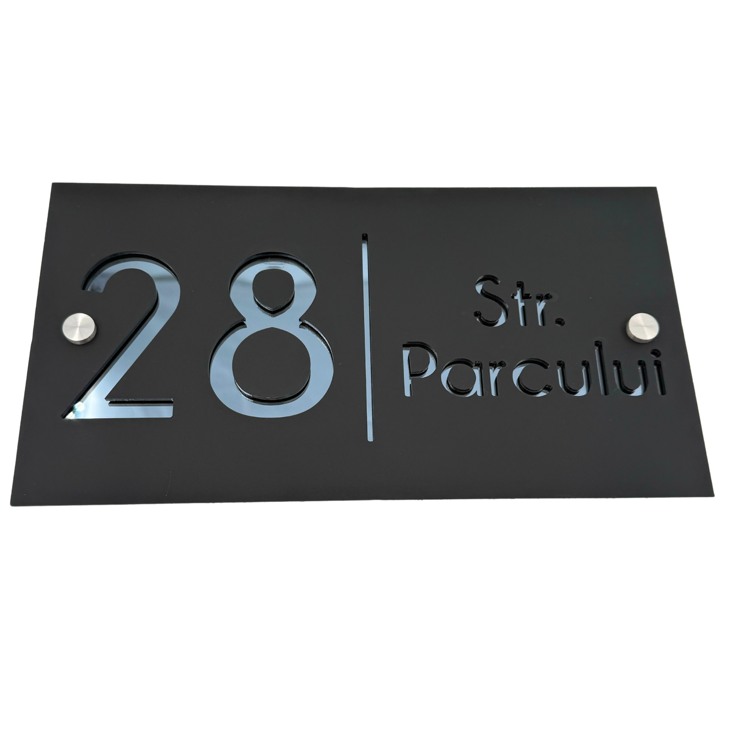 PREMIUM HOUSE NUMBER - Satin Black Anthracite Grey Mirror 2 Spacers Silver - 28×15 cm