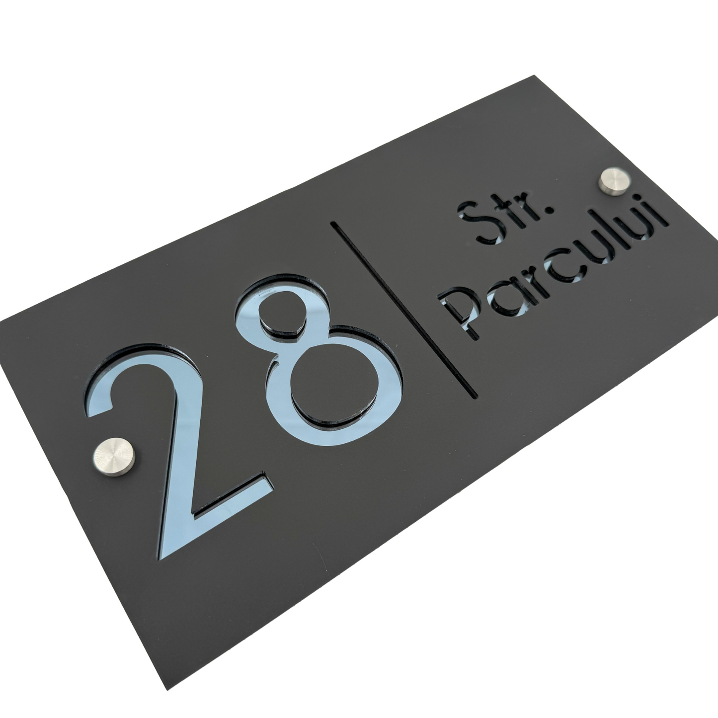 PREMIUM HOUSE NUMBER - Satin Black Anthracite Grey Mirror 2 Spacers Silver - 28×15 cm