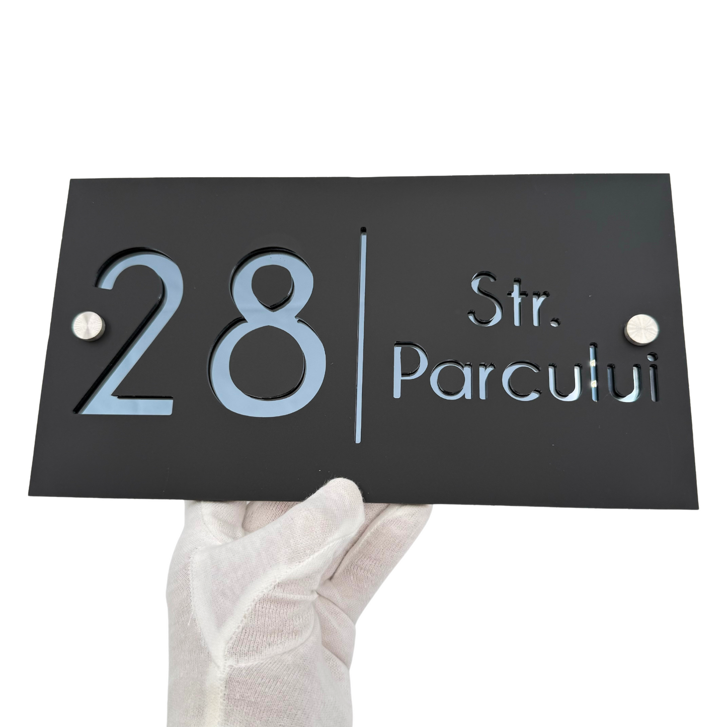 PREMIUM HOUSE NUMBER - Satin Black Anthracite Grey Mirror 2 Spacers Silver - 28×15 cm