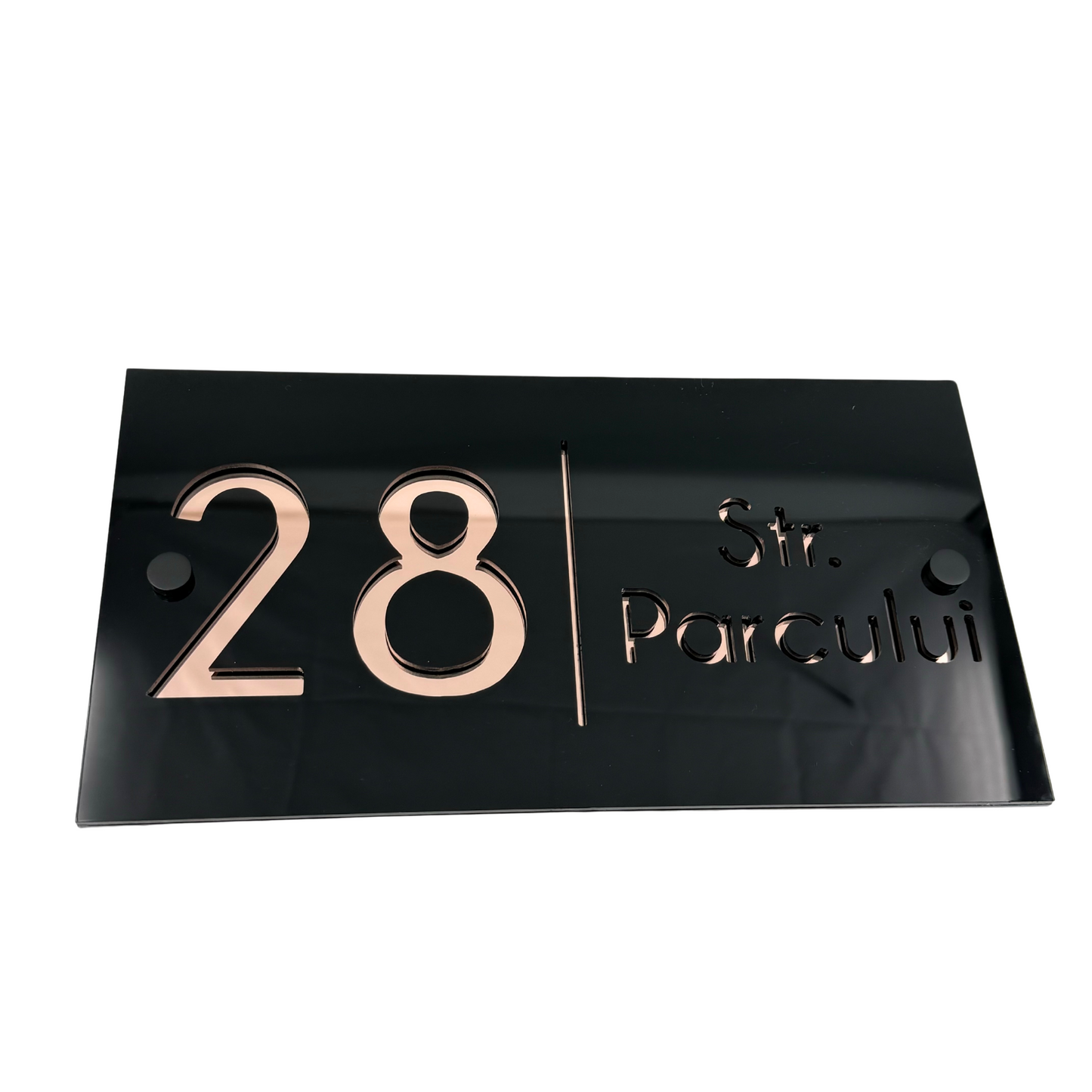PREMIUM HOUSE NUMBER - Glossy Black Rose Gold Mirror 2 Spacers NeGreyi - 28×15 cm