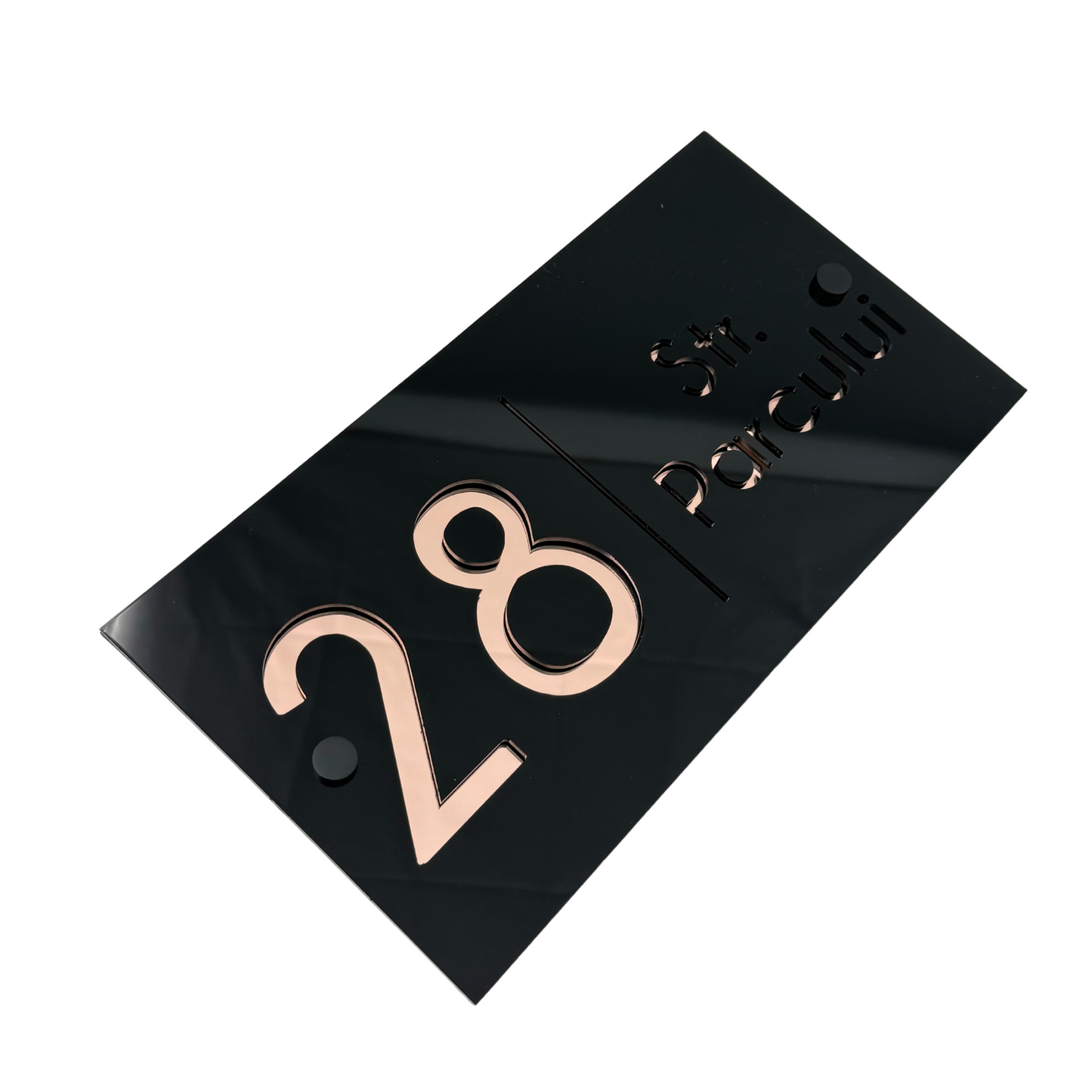 PREMIUM HOUSE NUMBER - Glossy Black Rose Gold Mirror 2 Spacers NeGreyi - 28×15 cm