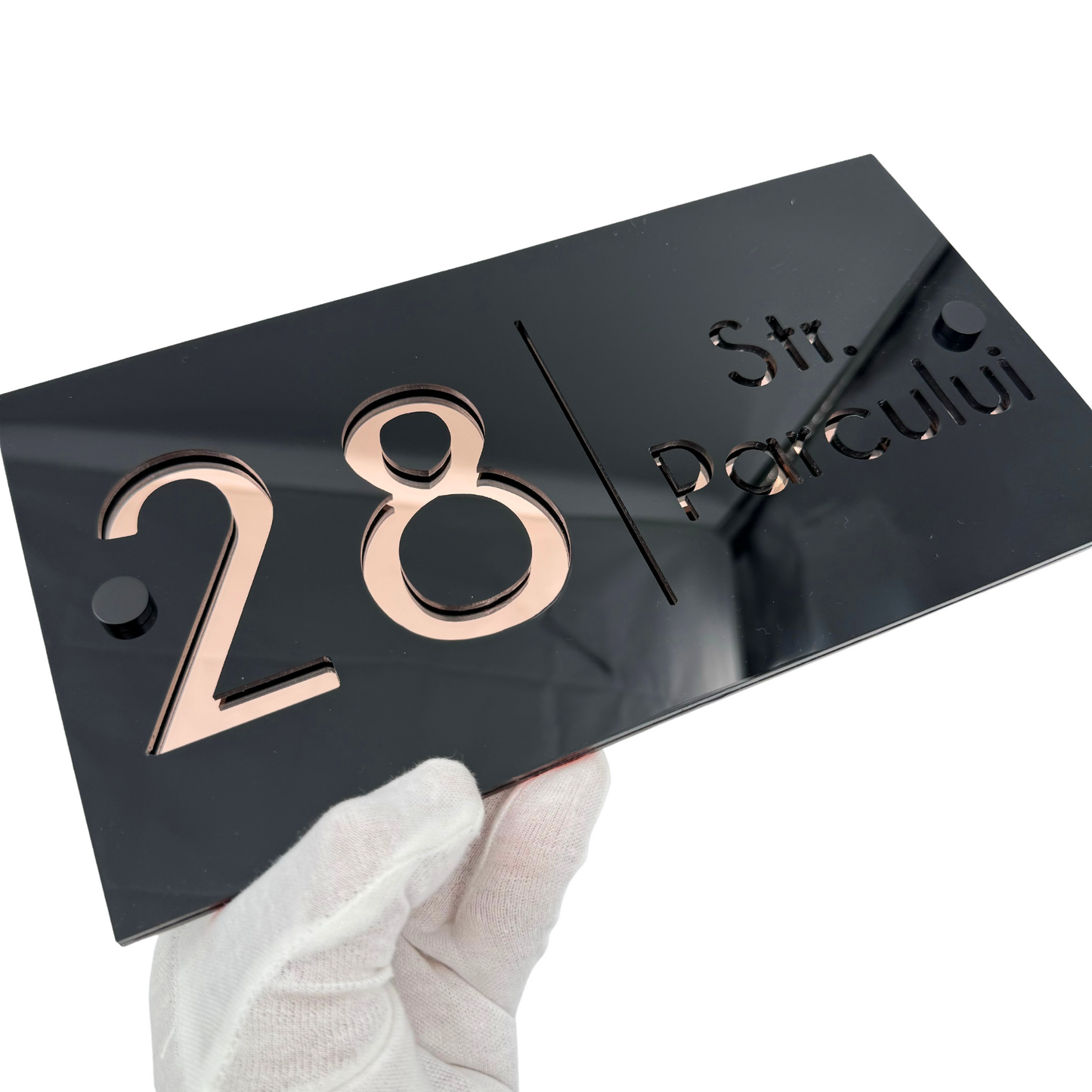 PREMIUM HOUSE NUMBER - Glossy Black Rose Gold Mirror 2 Spacers NeGreyi - 28×15 cm