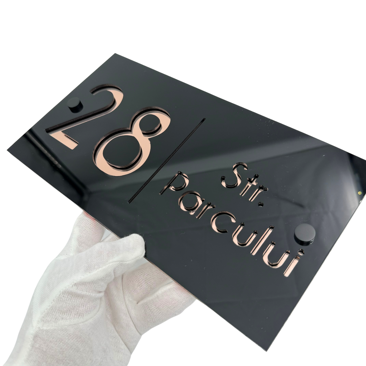 PREMIUM HOUSE NUMBER - Glossy Black Rose Gold Mirror 2 Spacers NeGreyi - 28×15 cm
