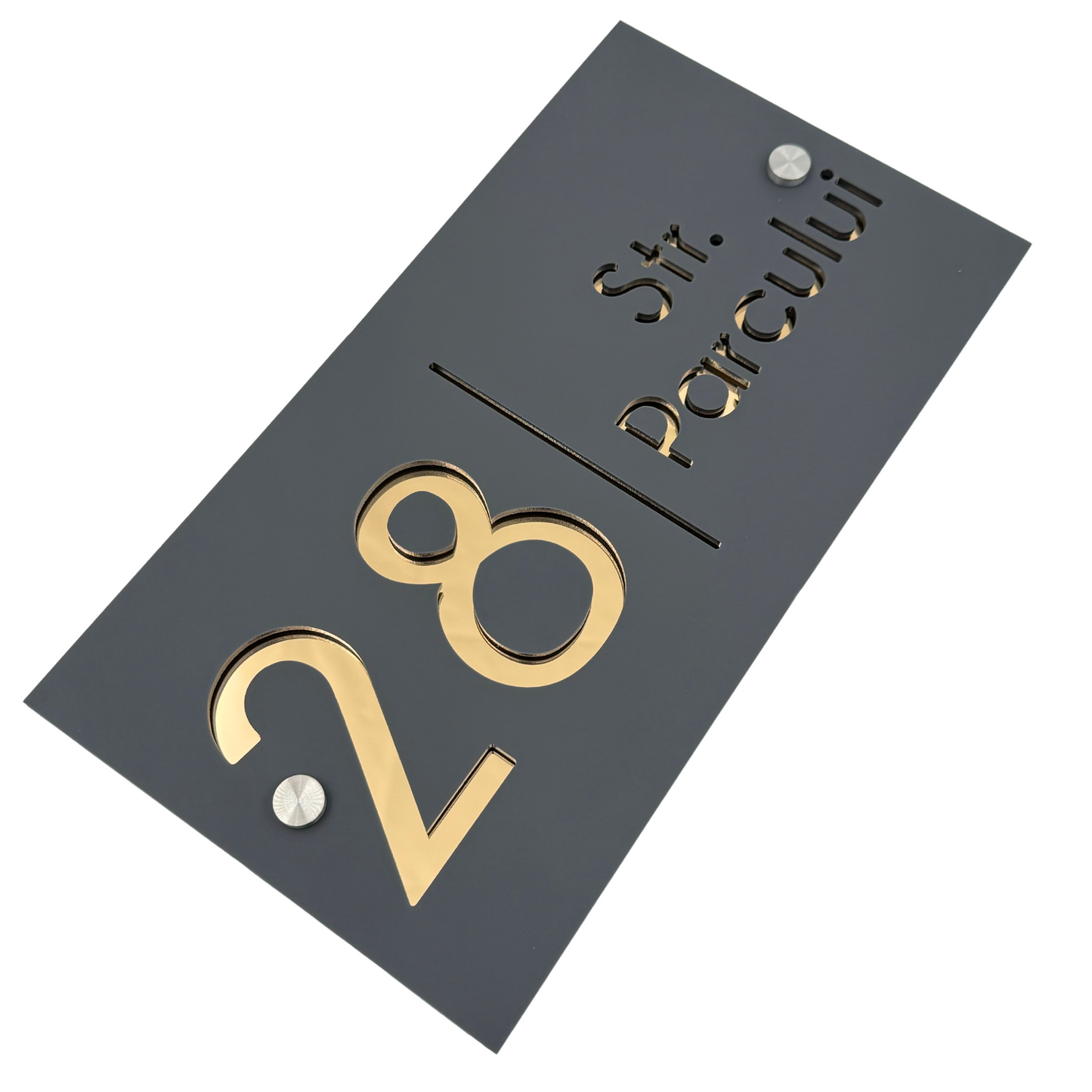 PREMIUM HOUSE NUMBER - Satin Grey Gold Mirror 2 Spacers Silver - 28×15 cm