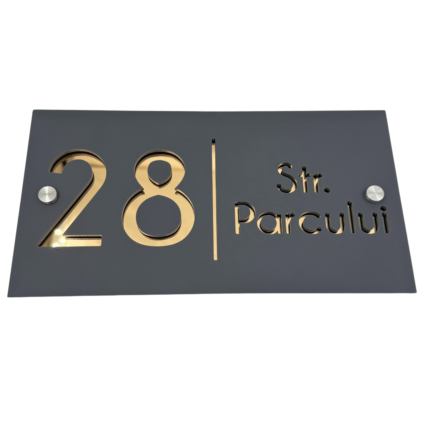 PREMIUM HOUSE NUMBER - Satin Grey Gold Mirror 2 Spacers Silver - 28×15 cm