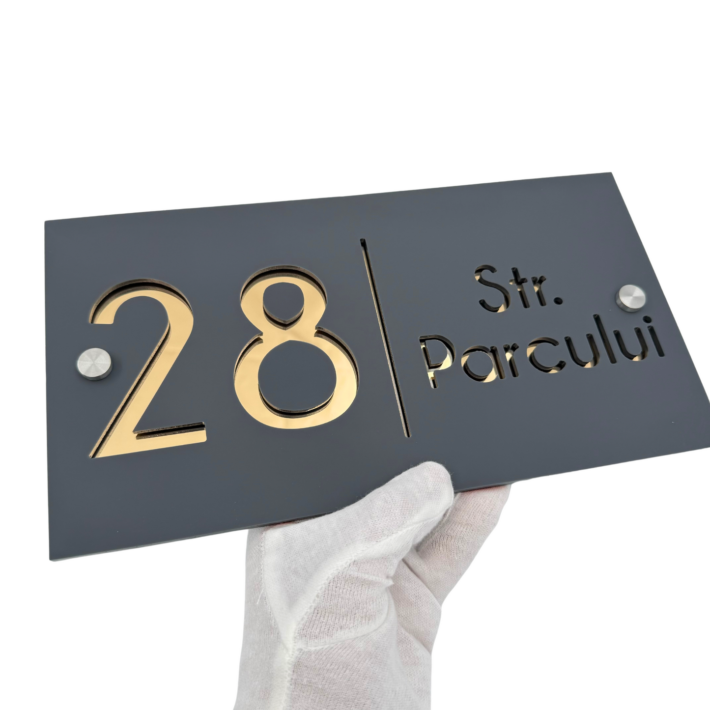 PREMIUM HOUSE NUMBER - Satin Grey Gold Mirror 2 Spacers Silver - 28×15 cm