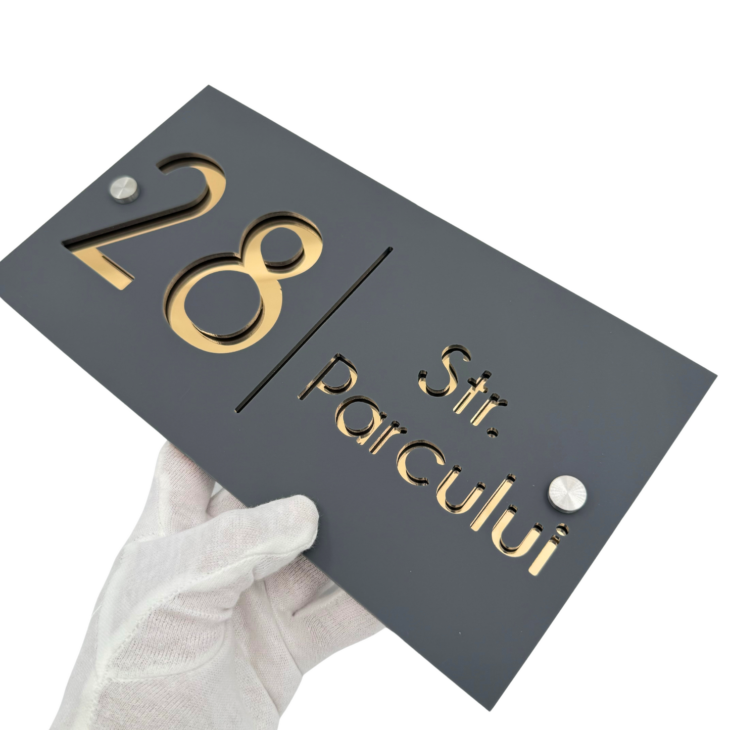 PREMIUM HOUSE NUMBER - Satin Grey Gold Mirror 2 Spacers Silver - 28×15 cm