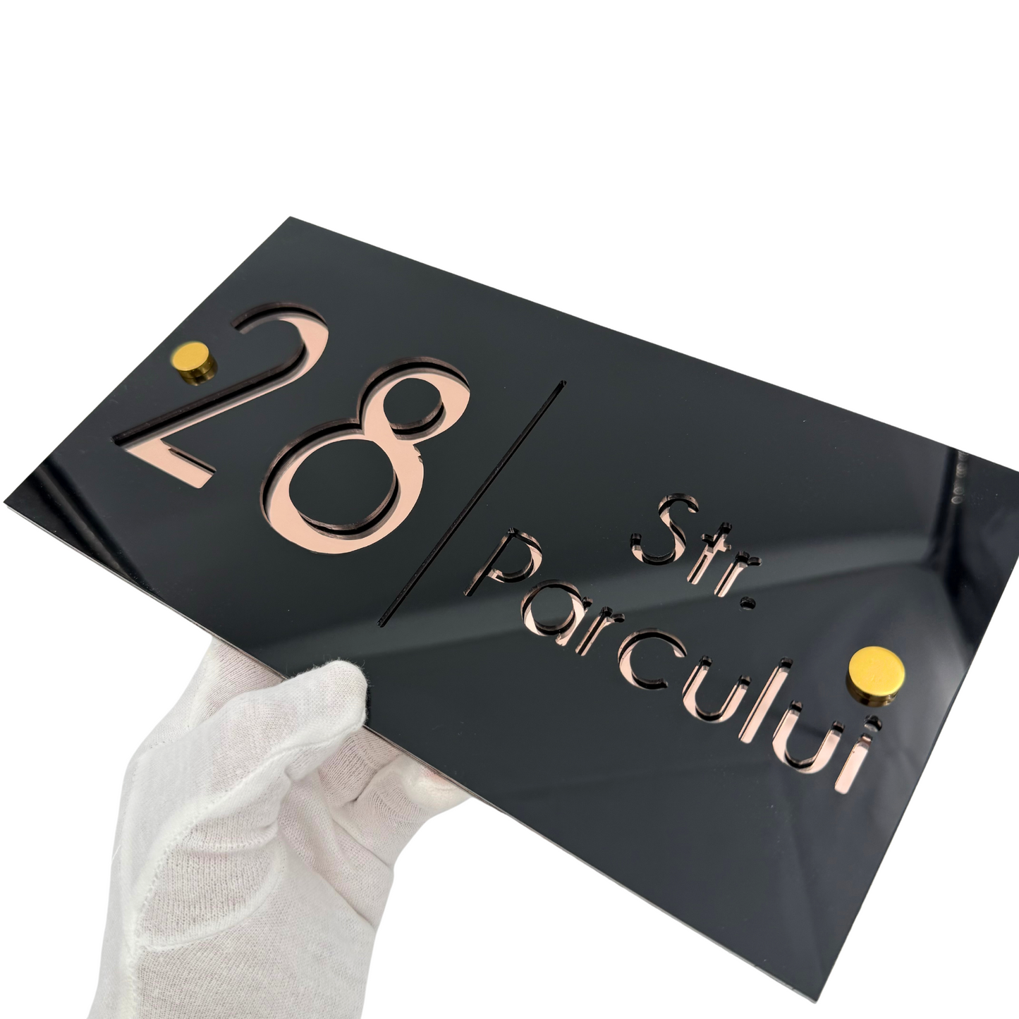 PREMIUM HOUSE NUMBER - Glossy Black Rose Gold Mirror 2 Spacers Gold - 28×15 cm