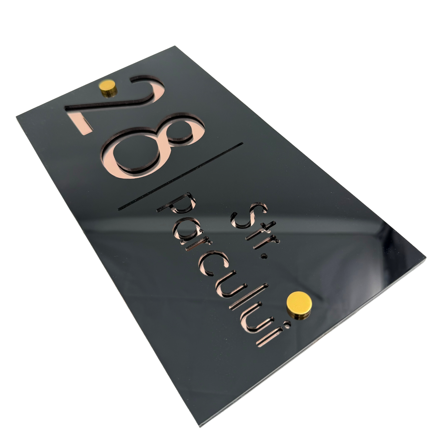 PREMIUM HOUSE NUMBER - Glossy Black Rose Gold Mirror 2 Spacers Gold - 28×15 cm