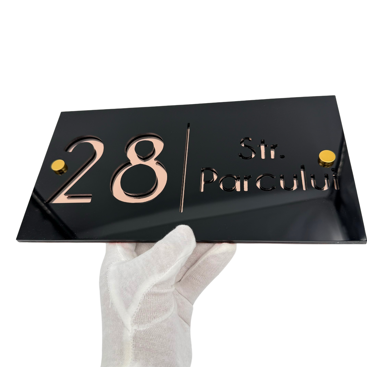 PREMIUM HOUSE NUMBER - Glossy Black Rose Gold Mirror 2 Spacers Gold - 28×15 cm