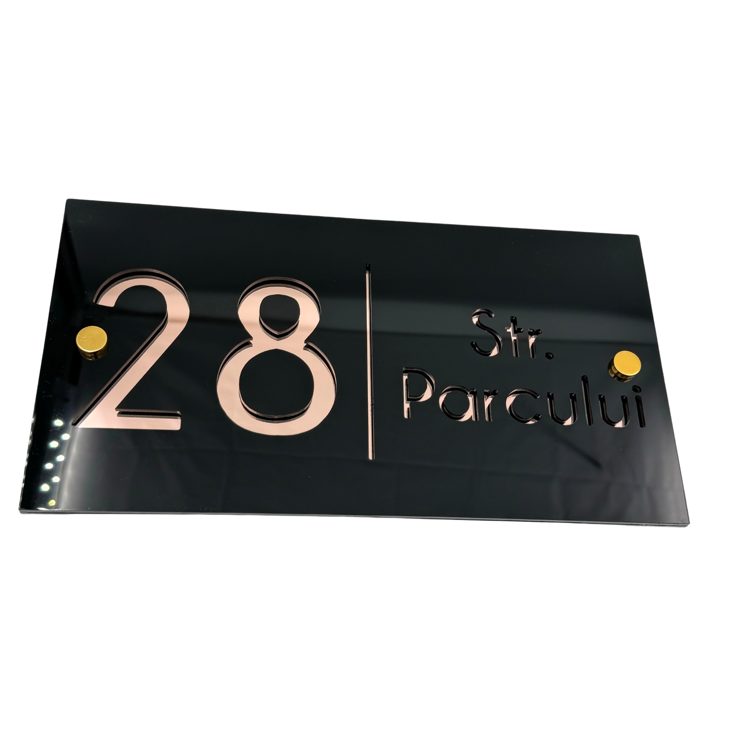 PREMIUM HOUSE NUMBER - Glossy Black Rose Gold Mirror 2 Spacers Gold - 28×15 cm