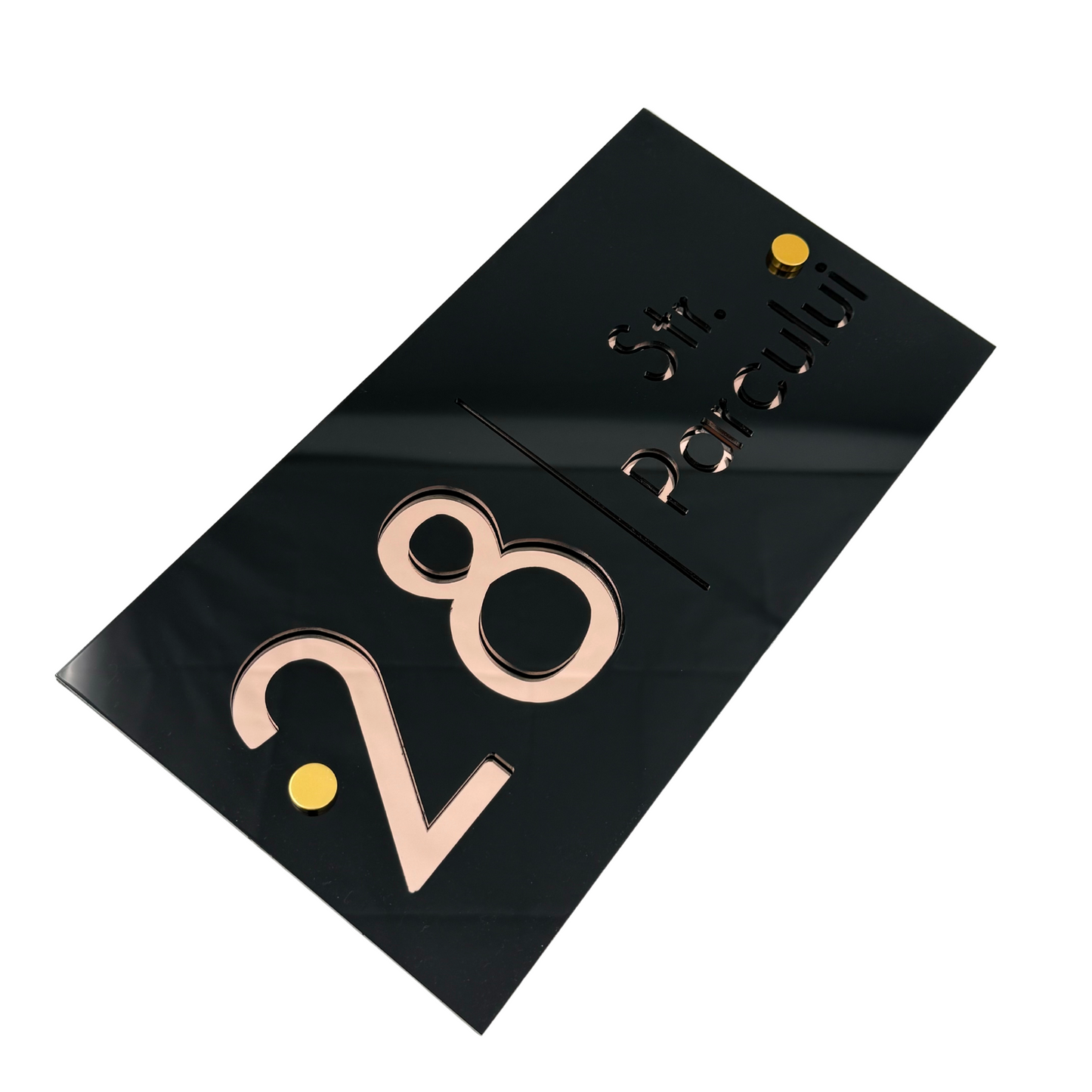 PREMIUM HOUSE NUMBER - Glossy Black Rose Gold Mirror 2 Spacers Gold - 28×15 cm