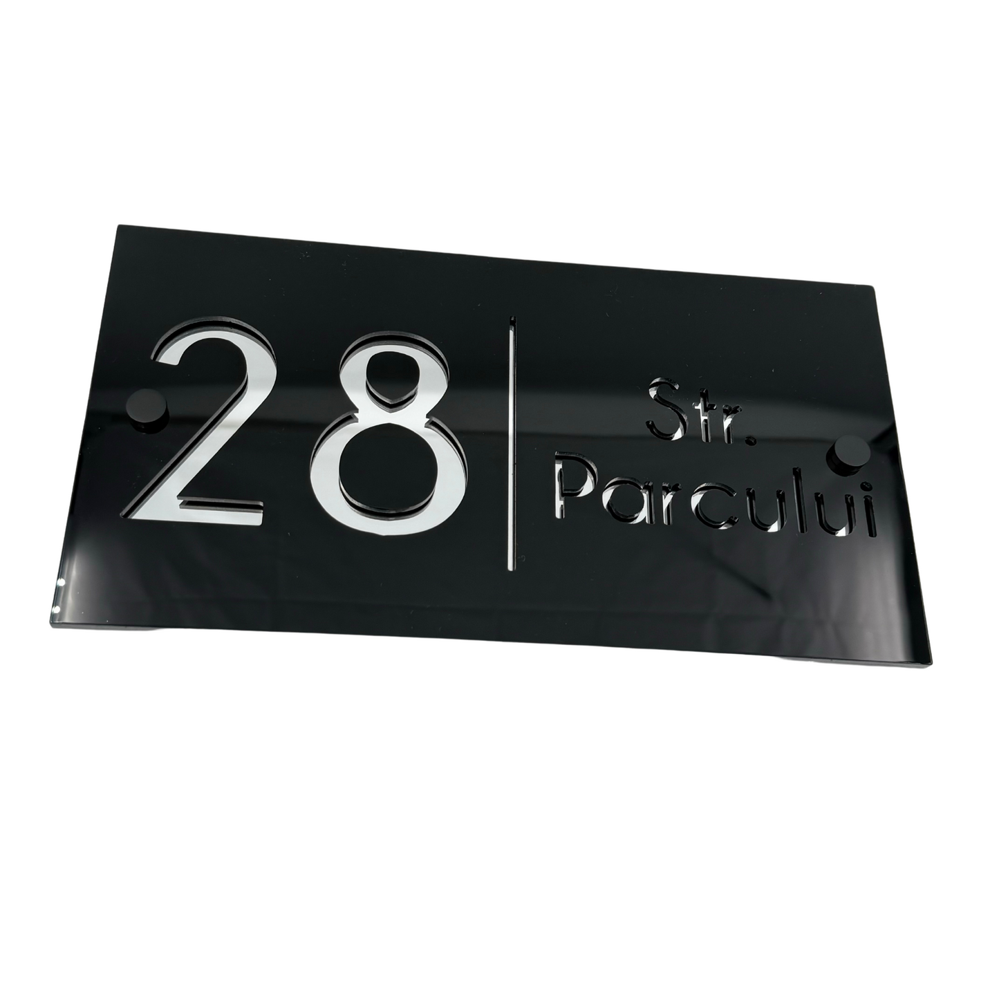 PREMIUM HOUSE NUMBER - Glossy Black Silver Mirror 2 Spacers NeGreyi - 28×15 cm