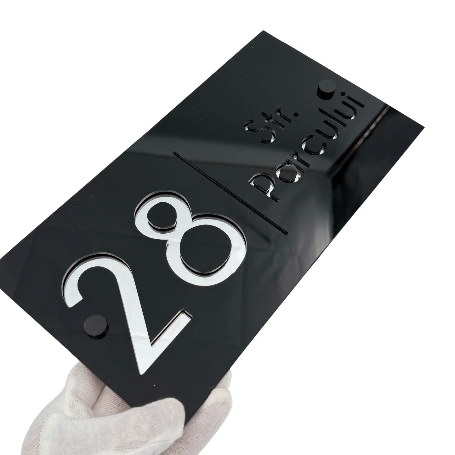 PREMIUM HOUSE NUMBER - Glossy Black Silver Mirror 2 Spacers NeGreyi - 28×15 cm