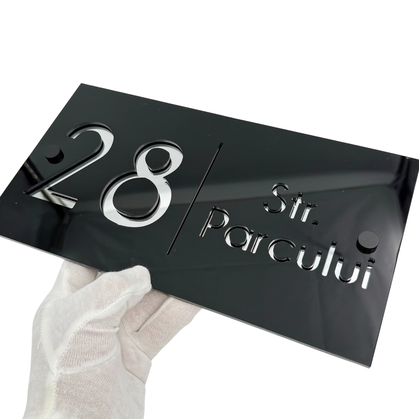 PREMIUM HOUSE NUMBER - Glossy Black Silver Mirror 2 Spacers NeGreyi - 28×15 cm