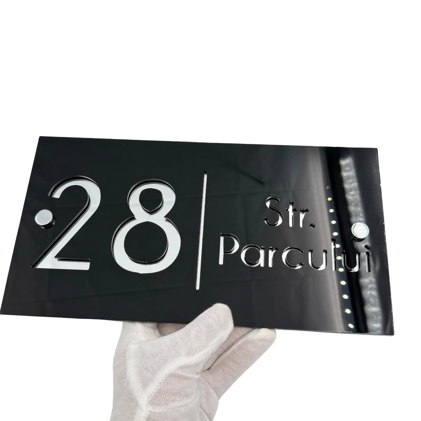 PREMIUM HOUSE NUMBER - Glossy Black Silver Mirror 2 Spacers Silver - 28×15 cm