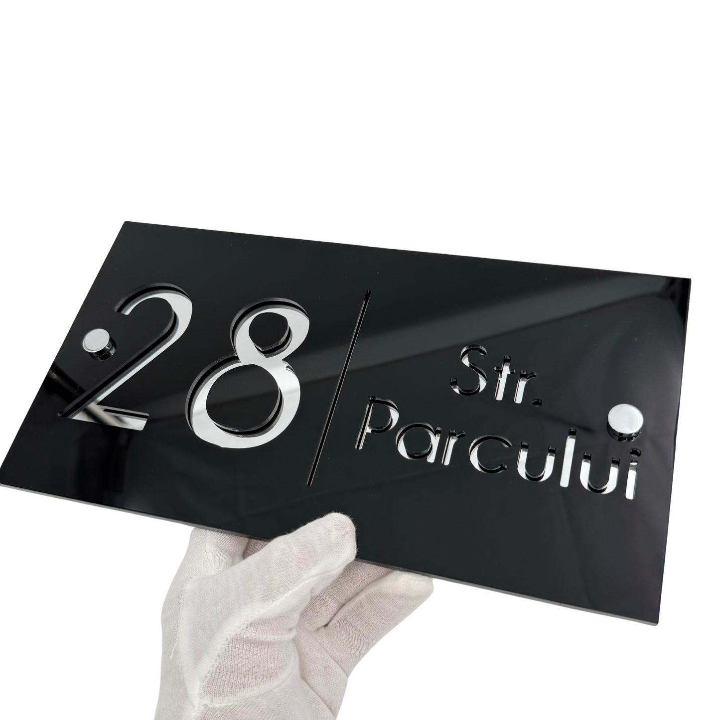 PREMIUM HOUSE NUMBER - Glossy Black Silver Mirror 2 Spacers Silver - 28×15 cm