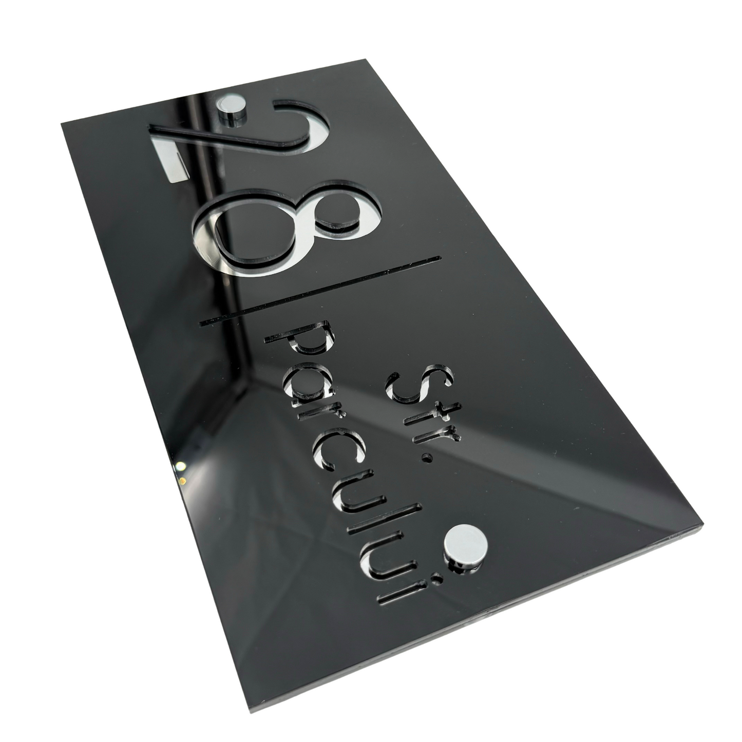 PREMIUM HOUSE NUMBER - Glossy Black Silver Mirror 2 Spacers Silver - 28×15 cm