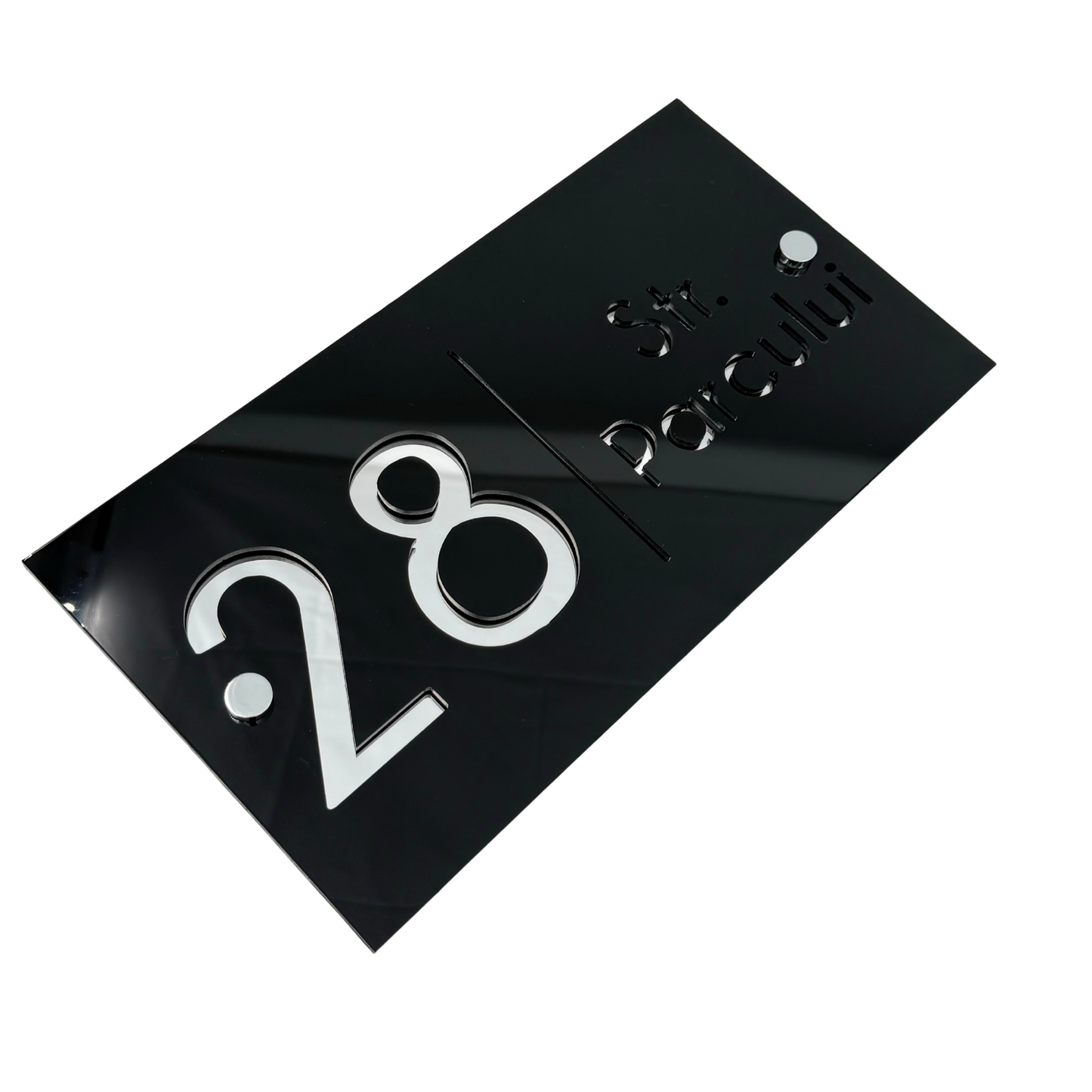 PREMIUM HOUSE NUMBER - Glossy Black Silver Mirror 2 Spacers Silver - 28×15 cm