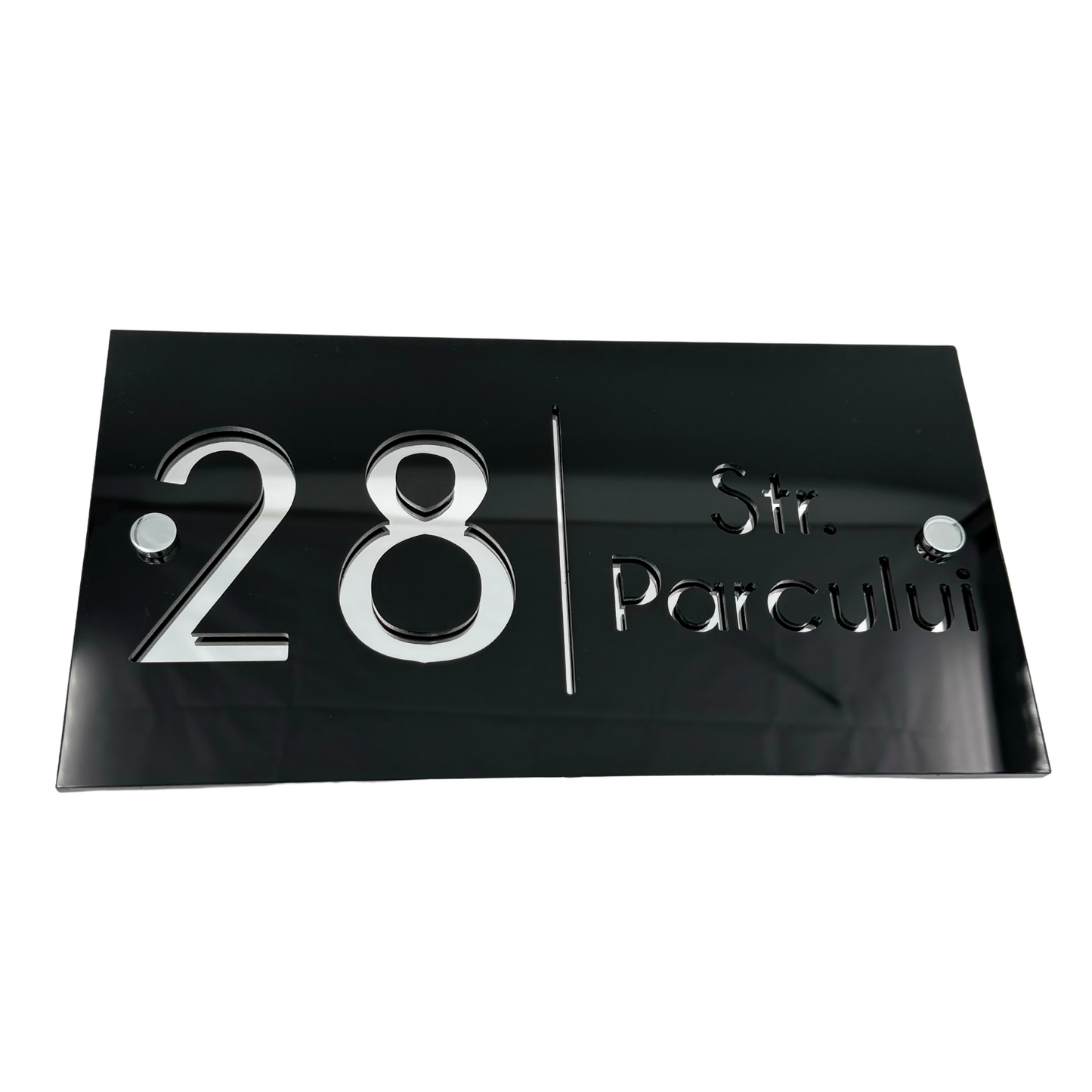 PREMIUM HOUSE NUMBER - Glossy Black Silver Mirror 2 Spacers Silver - 28×15 cm