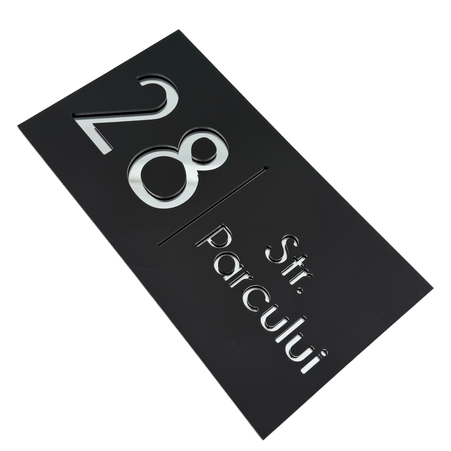 PREMIUM HOUSE NUMBER - Satin Black Silver Mirror - 28×15 cm