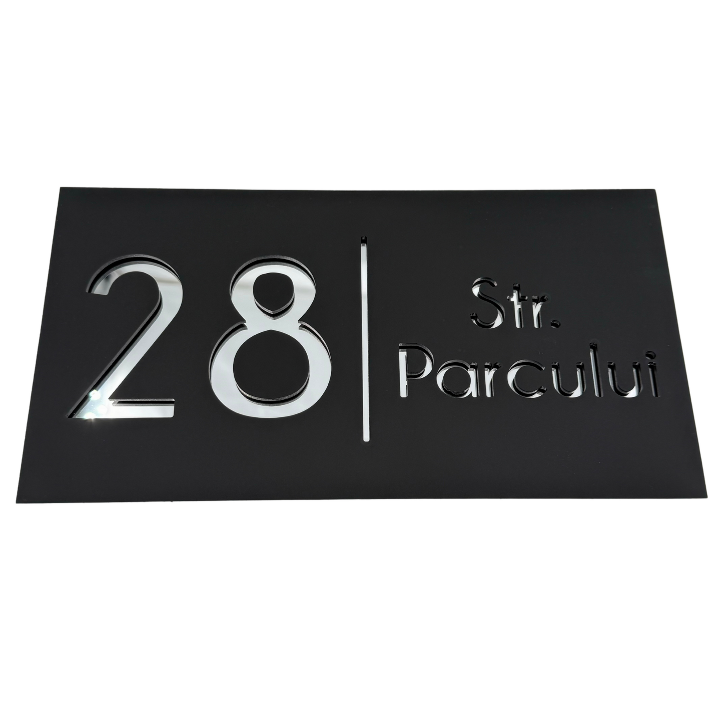 PREMIUM HOUSE NUMBER - Satin Black Silver Mirror - 28×15 cm