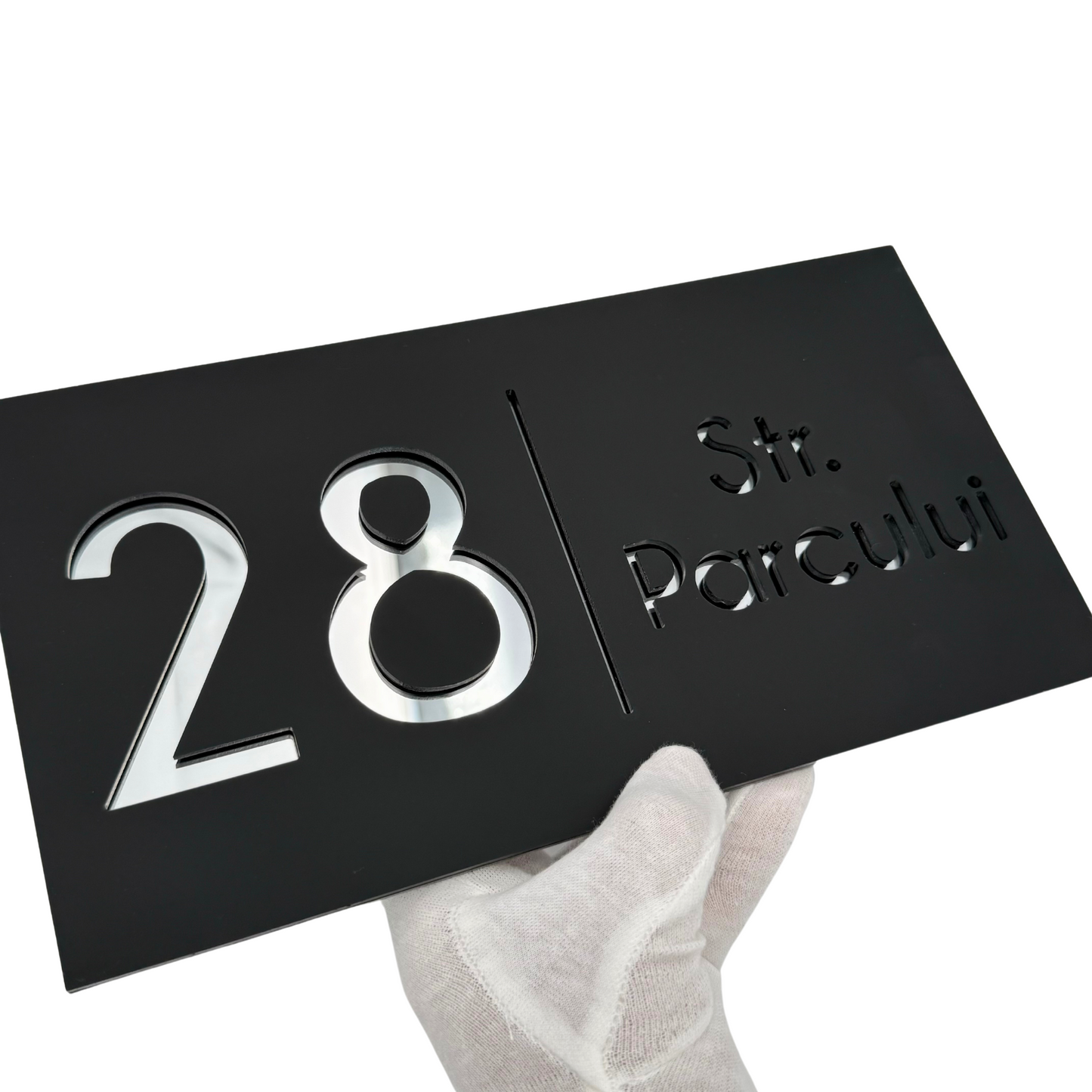 PREMIUM HOUSE NUMBER - Satin Black Silver Mirror - 28×15 cm