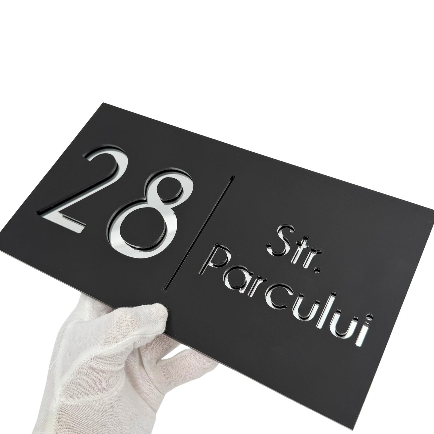 PREMIUM HOUSE NUMBER - Satin Black Silver Mirror - 28×15 cm