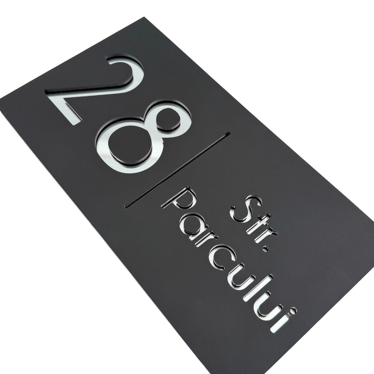 PREMIUM HOUSE NUMBER - Satin Black Silver Mirror - 28×15 cm