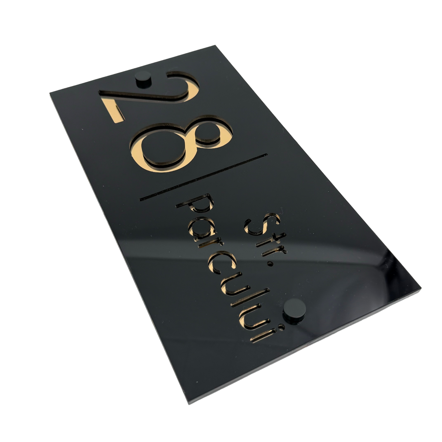 PREMIUM HOUSE NUMBER - Glossy Black Gold Mirror 2 Spacers NeGreyi - 28×15 cm