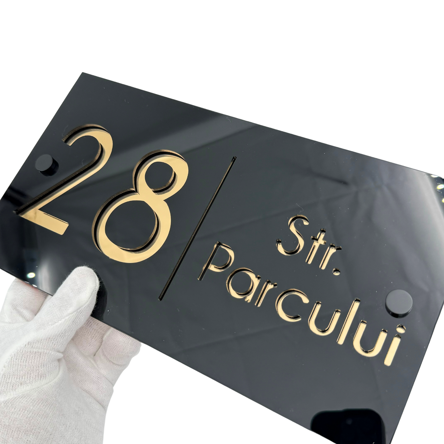 PREMIUM HOUSE NUMBER - Glossy Black Gold Mirror 2 Spacers NeGreyi - 28×15 cm