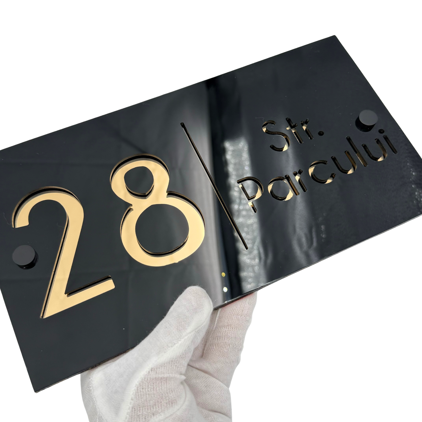 PREMIUM HOUSE NUMBER - Glossy Black Gold Mirror 2 Spacers NeGreyi - 28×15 cm