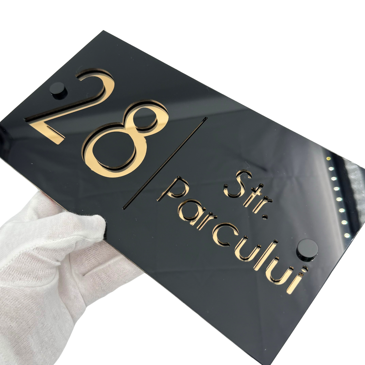 PREMIUM HOUSE NUMBER - Glossy Black Gold Mirror 2 Spacers NeGreyi - 28×15 cm