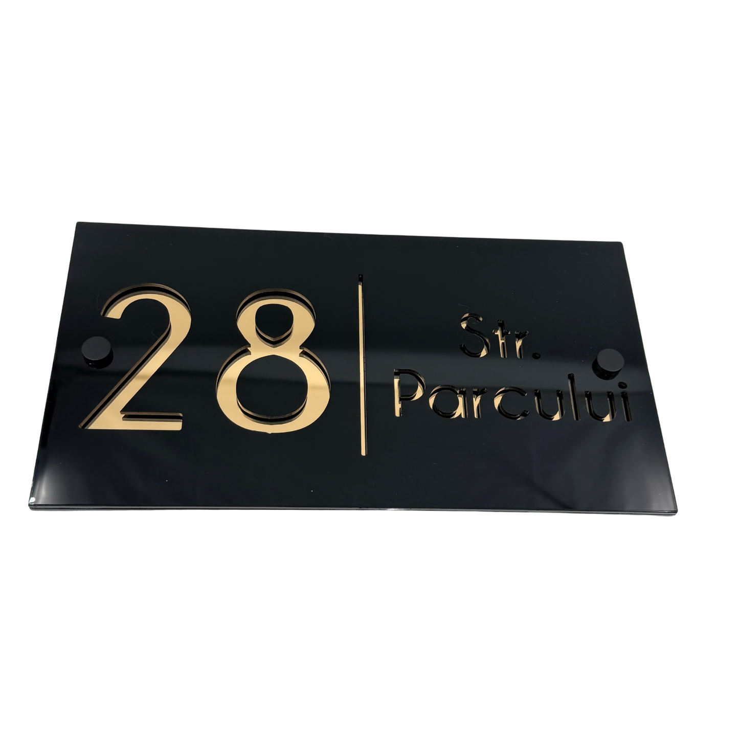 PREMIUM HOUSE NUMBER - Glossy Black Gold Mirror 2 Spacers NeGreyi - 28×15 cm