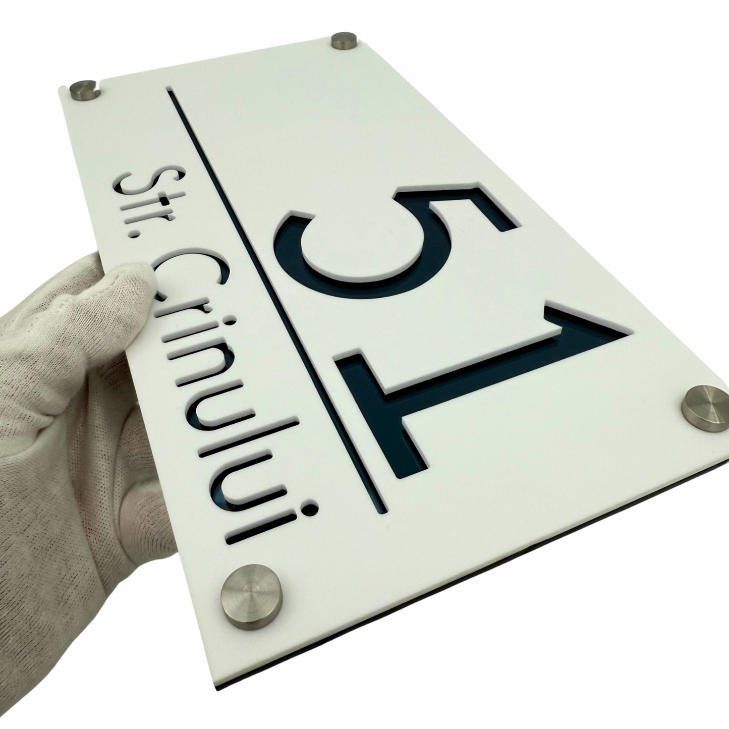 PREMIUM HOUSE NUMBER - White Satin Anthracite Grey Mirror 4 Spacers Silver - 28×15 cm