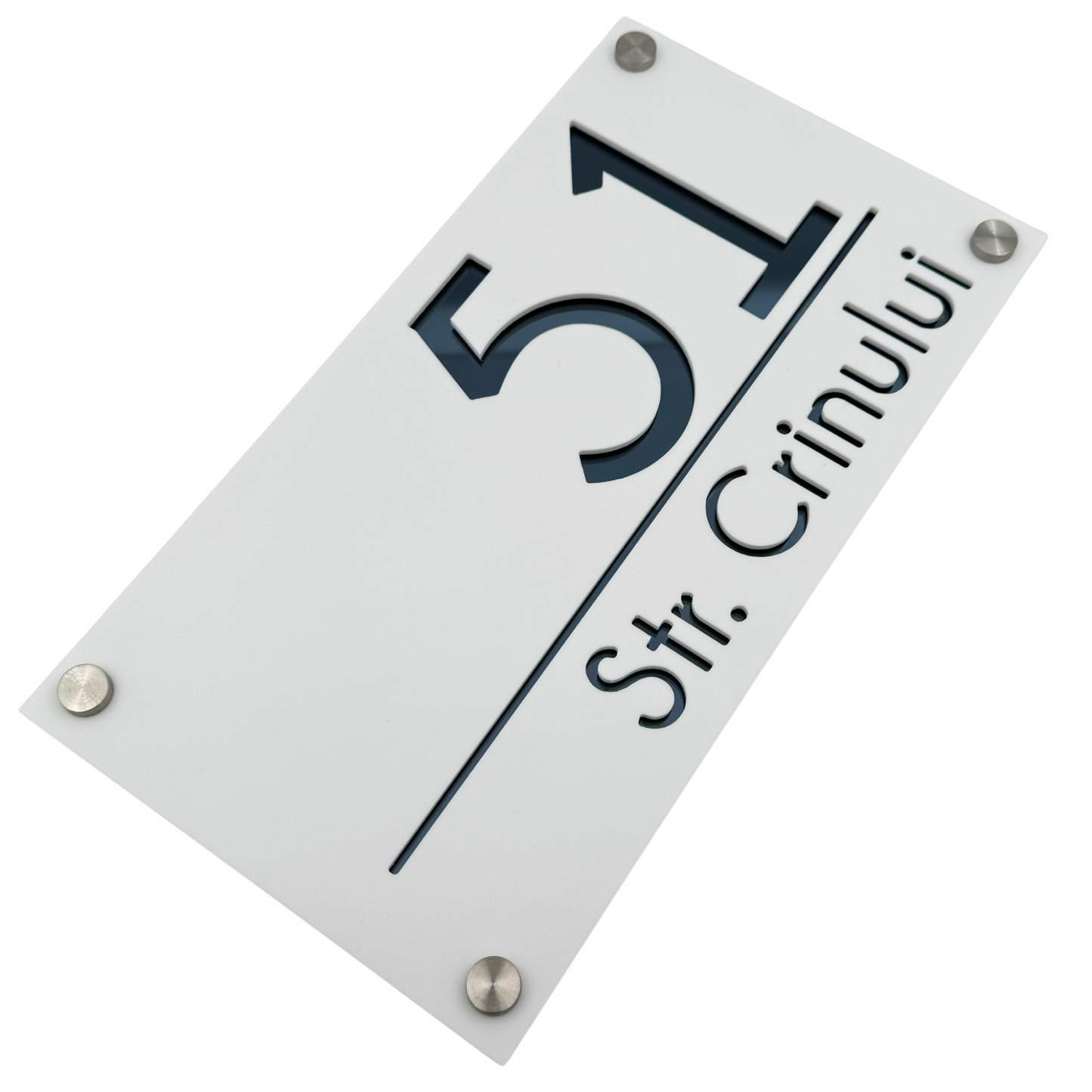 PREMIUM HOUSE NUMBER - White Satin Anthracite Grey Mirror 4 Spacers Silver - 28×15 cm