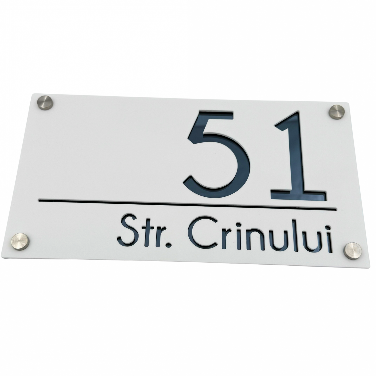 PREMIUM HOUSE NUMBER - White Satin Anthracite Grey Mirror 4 Spacers Silver - 28×15 cm