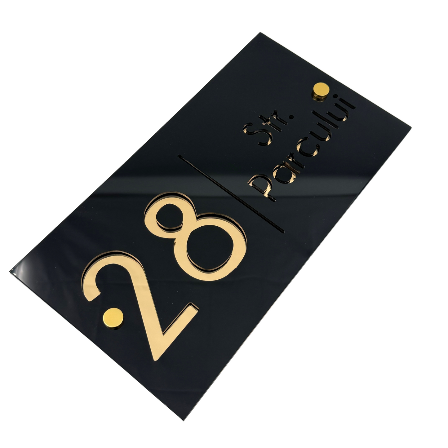 PREMIUM HOUSE NUMBER - Glossy Black Gold Mirror 2 Spacers Gold - 28×15 cm