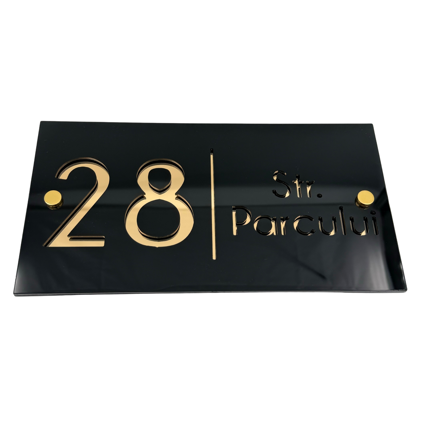 PREMIUM HOUSE NUMBER - Glossy Black Gold Mirror 2 Spacers Gold - 28×15 cm