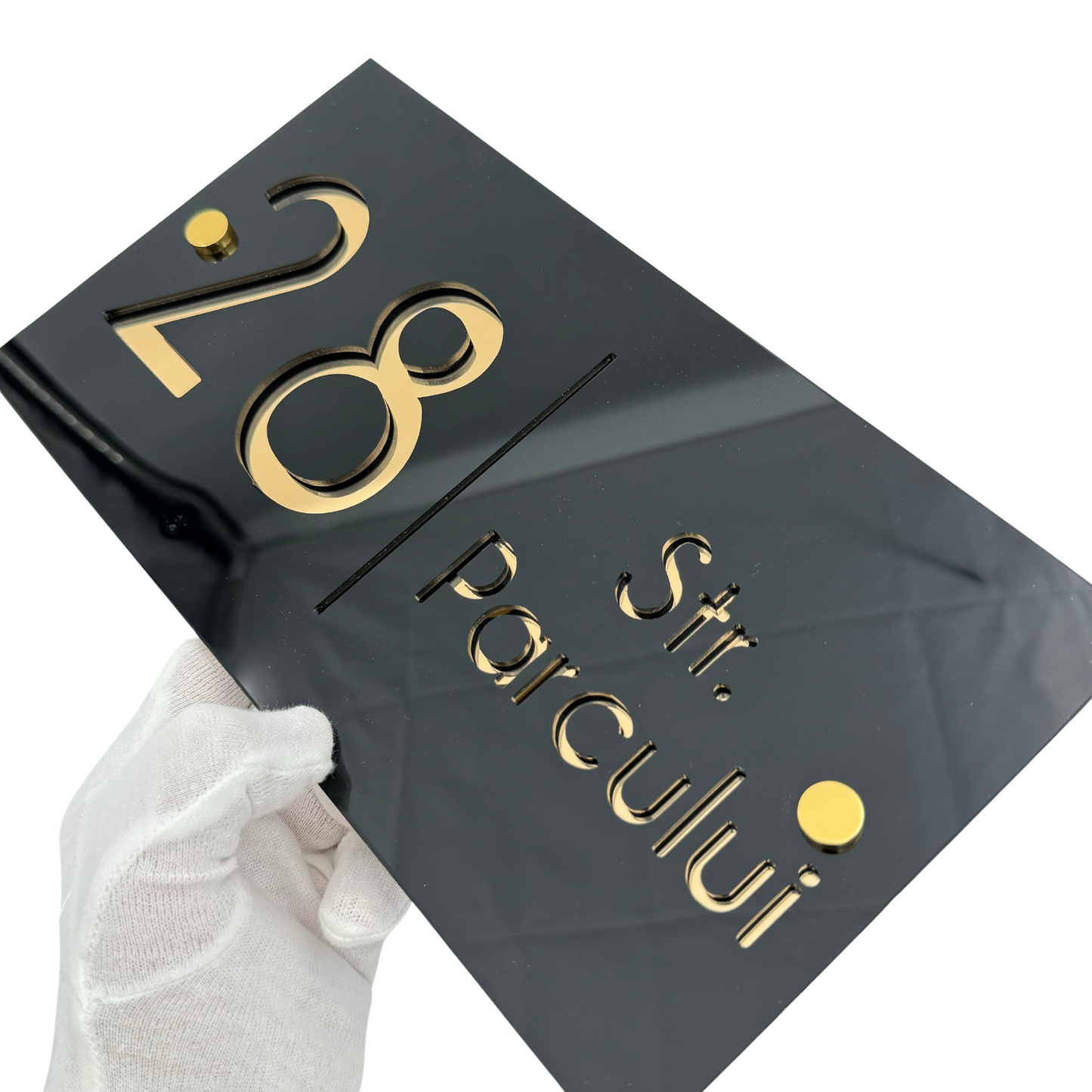 PREMIUM HOUSE NUMBER - Glossy Black Gold Mirror 2 Spacers Gold - 28×15 cm