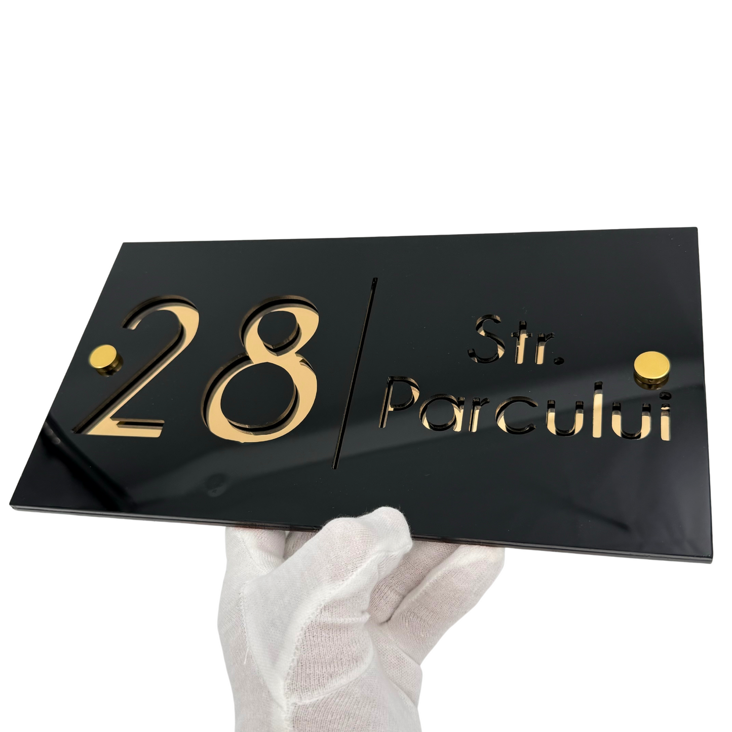 PREMIUM HOUSE NUMBER - Glossy Black Gold Mirror 2 Spacers Gold - 28×15 cm