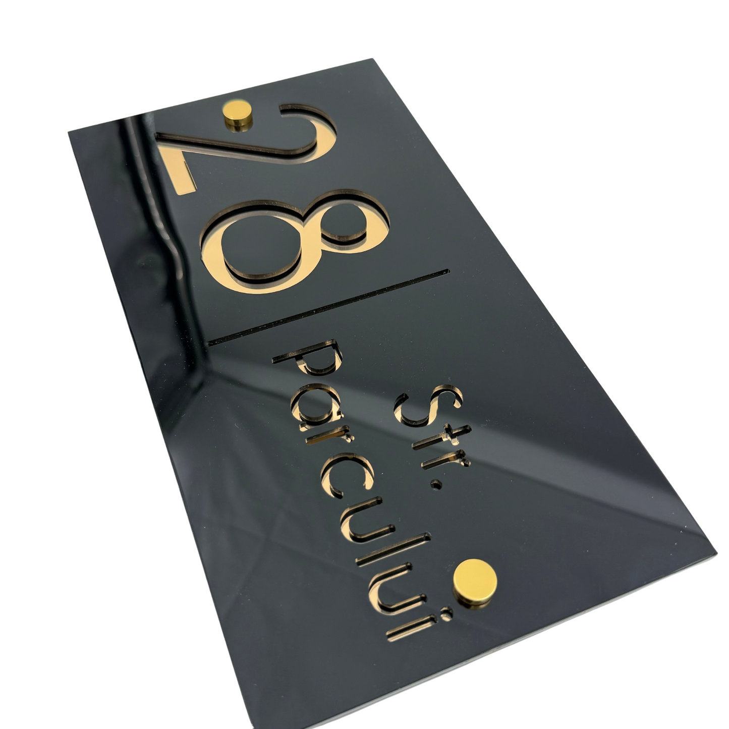 PREMIUM HOUSE NUMBER - Glossy Black Gold Mirror 2 Spacers Gold - 28×15 cm