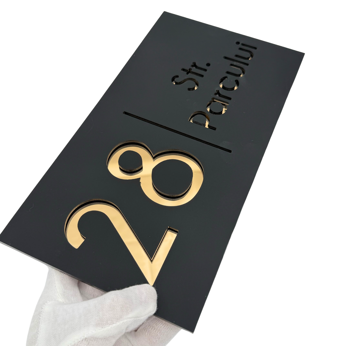PREMIUM HOUSE NUMBER - Satin Black Gold Mirror - 28×15 cm