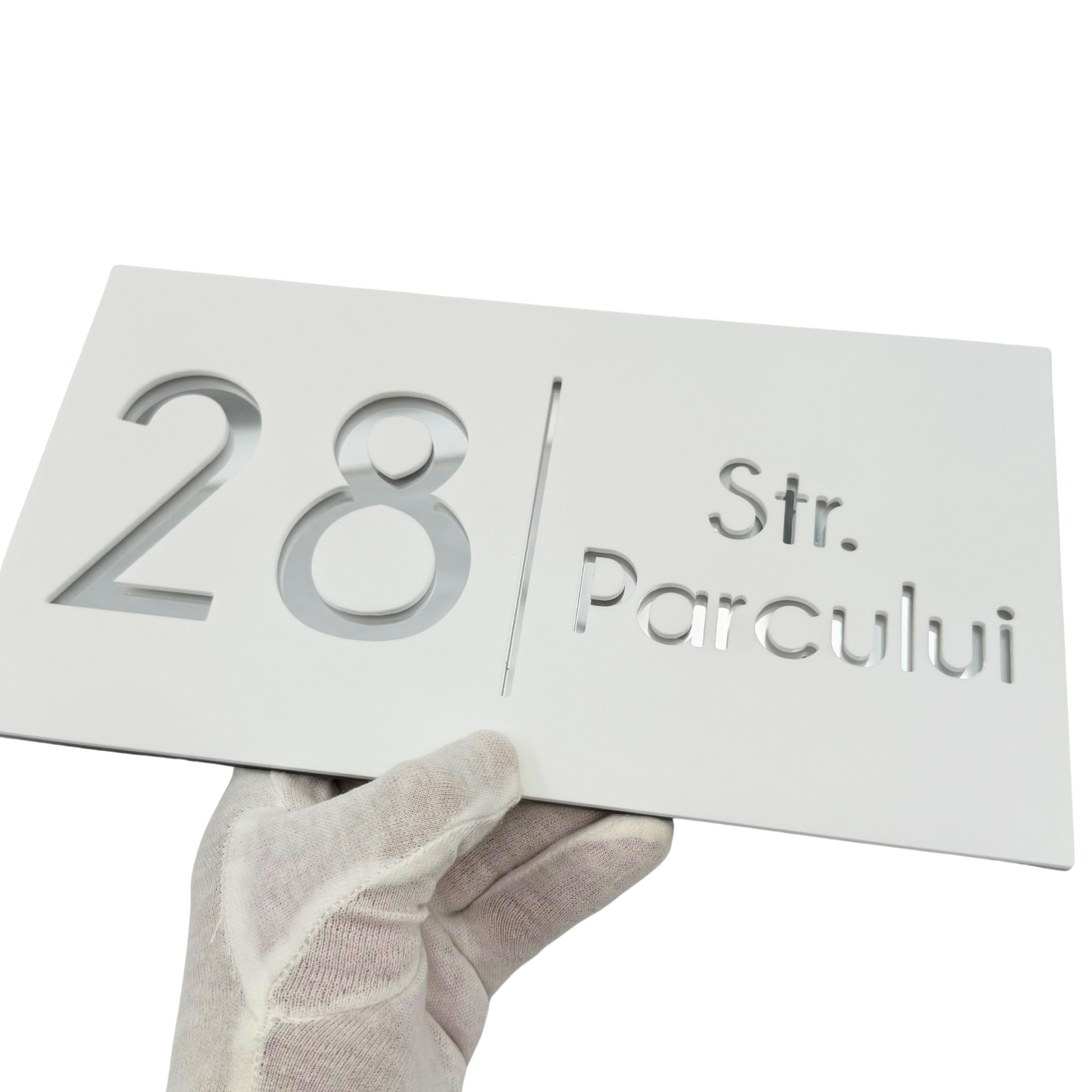 PREMIUM HOUSE NUMBER - White Satin Silver Mirror - 28×15 cm